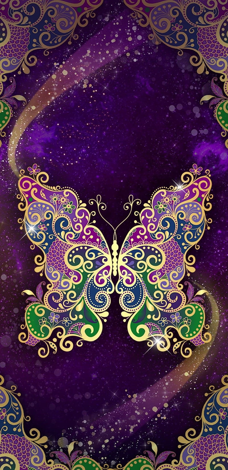 Butterfly Gypsy , butterfly, gypsy, bonito, pretty, girly, golden, colourful, purple, sparkle, HD phone wallpaper