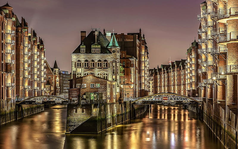 Hamburg, city lights, night, Elbe river, bridges, Germany, HD wallpaper