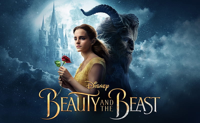 Beauty and the Beast 2017, poster, red, beauty and the beast, movie, rose, emma watson, horns, fantasy, disney, blue, HD wallpaper