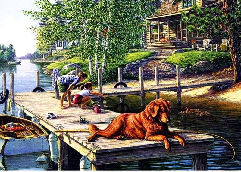 Cottage at the Pier, pier, painting, children, river, trees, dog, fishing, HD wallpaper