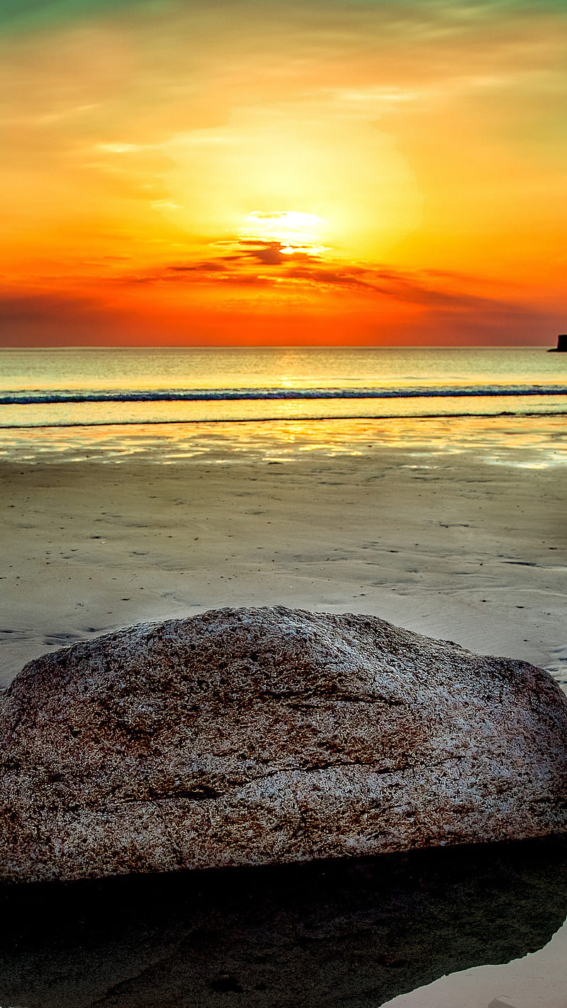 Seashore Beach Stone Rock Sunset Clouds Hd Phone Wallpaper Peakpx