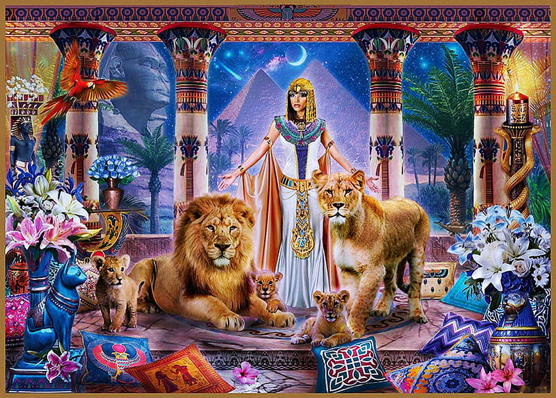 Egyptian Princess, girl, flowers, digital, parrots, palace, lions, art, candle, pyramids, pillars, HD wallpaper