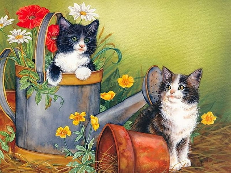 kittens with a watering can, painting, kittens, cats, animals, watering can, HD wallpaper