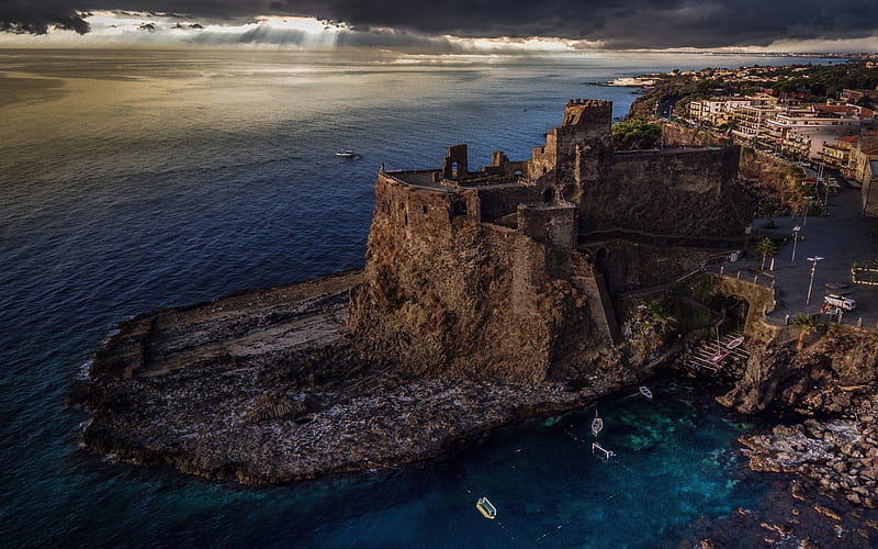 Castello Normanno, old fortress, fort, ruins of the fortress, coast, Mediterranean Sea, icily, Aci Castello, Italy, HD wallpaper