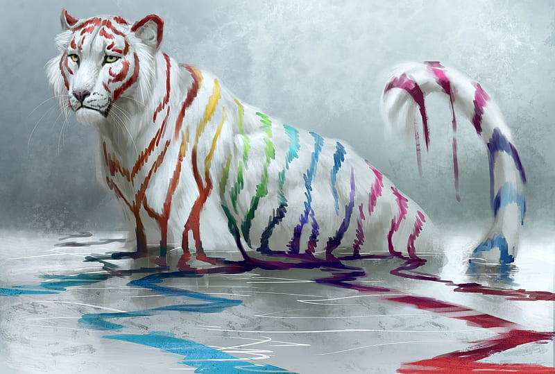 Drain, colorful, luminos, tiger, rainbow, fantasy, water, jademere, white, HD wallpaper