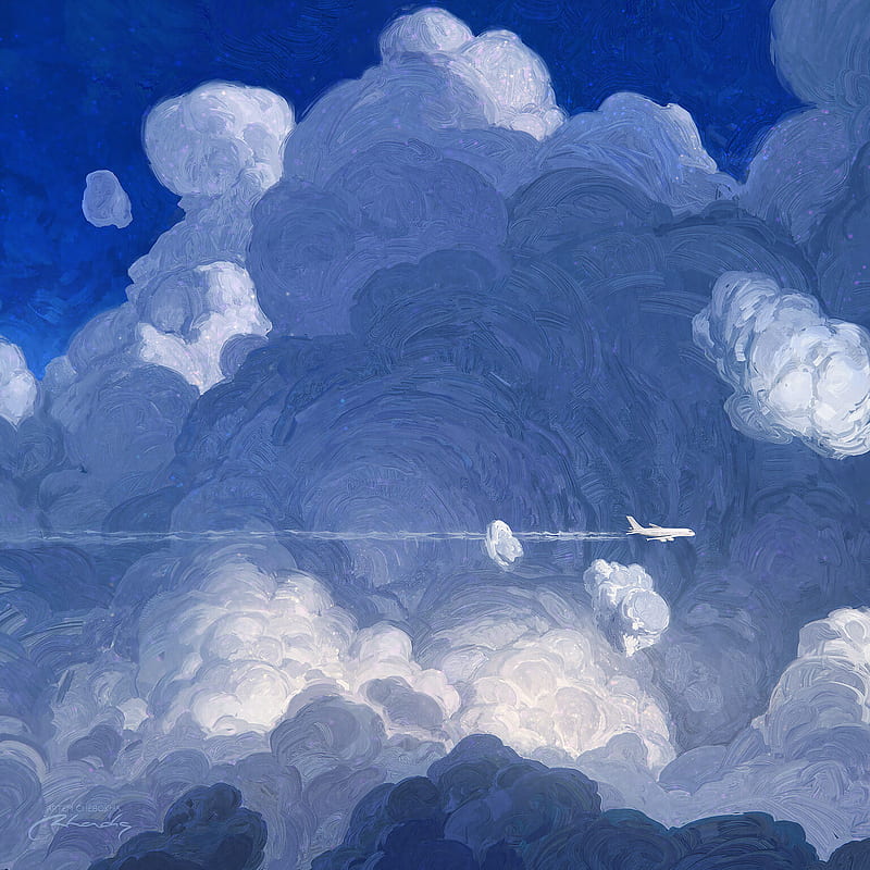 Artem Chebokha, digital art, clouds, sky, planes, contrail, HD phone wallpaper