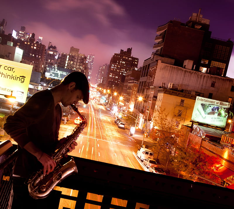 Urban Jazz, new york, saxophone, HD wallpaper