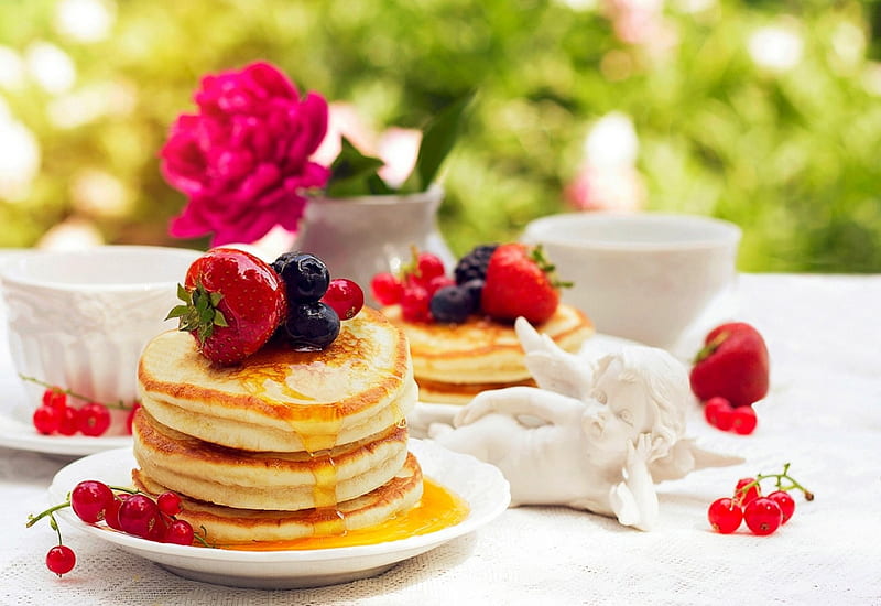 Angel's Breakfast, strawberry, food, fruits, pancakes, breakfast, sweet, HD wallpaper