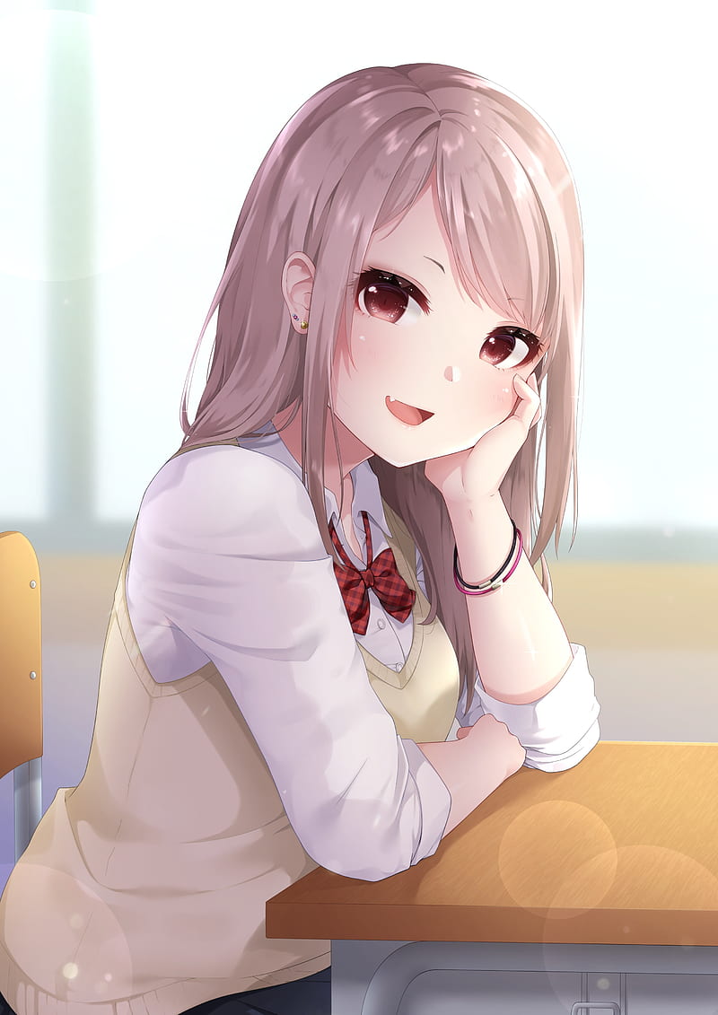 anime school girl, smiling, chair, ribbon, uniform, Anime, HD phone wallpaper