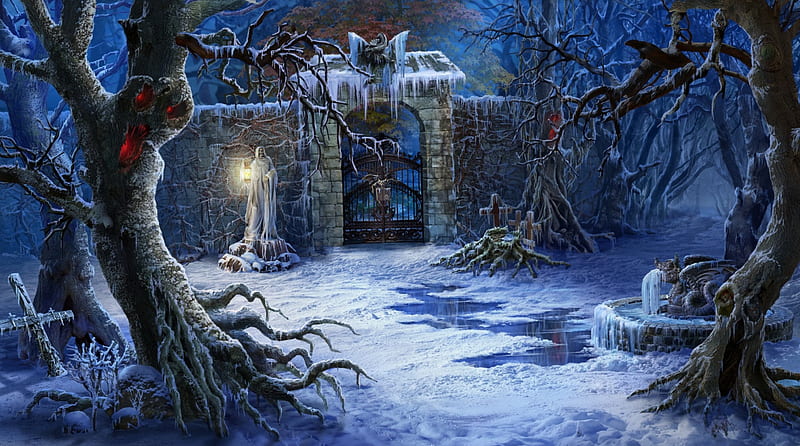 Silence in a winter night, world, gate, lantern, halloween, game, guardian, winter, tree, fantasy, dark, white, light, blue, HD wallpaper