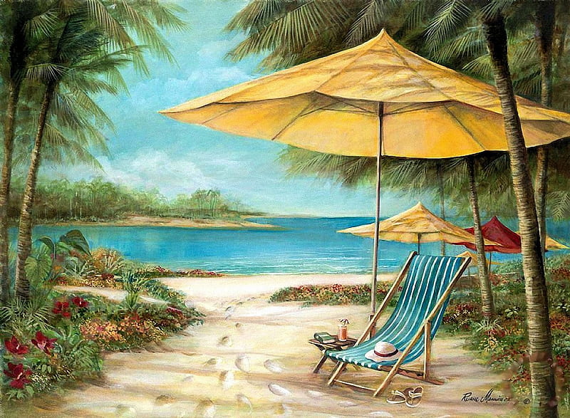 Relaxing Paradise, drink, book, flowers, chair, palms, hat, umbrellas, artwork, beach, painting, HD wallpaper