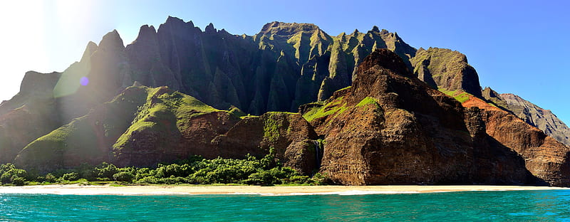 The Kalalau Trail, beach, sand, water, Hawaii, mountains, ocean, nature, HD wallpaper