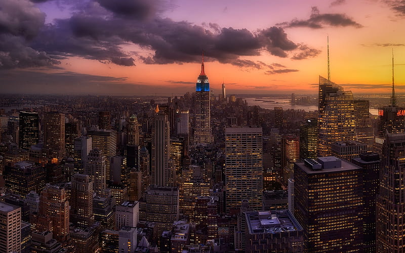 Manhattan, sunset, New York, panorama, evening city, NY, USA, America, HD wallpaper