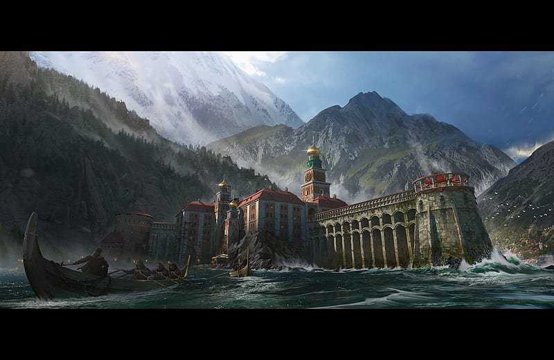 Fortress, world, fantasy, water, boat, luminos, xavier minguell, sea, HD wallpaper