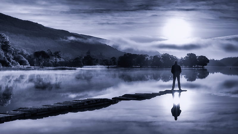 Men, Alone, Lake, Man, Monochrome, Reflection, Sunset, HD wallpaper