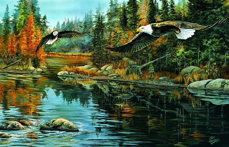 River Rendezvous, eagles, raptors, painting, reflection, artwork, firs, HD wallpaper