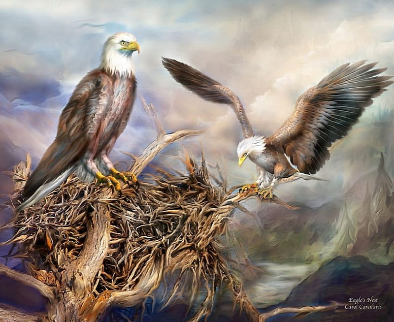 Up to the Sky, eagles, nest, mountains, painting, artwork, pair, HD wallpaper