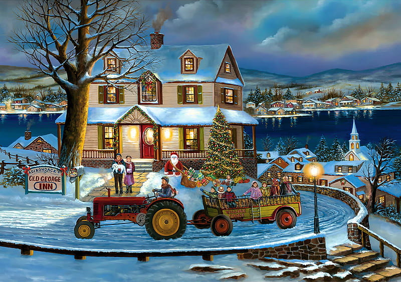 Old George inn, old, night, winter, art, inn, house, christmas, Santa, George, snow, village, river, evening, HD wallpaper