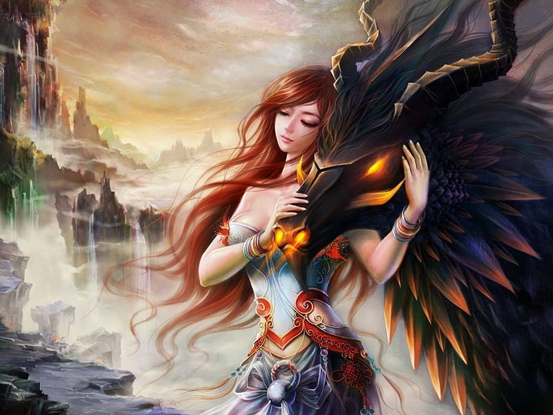 girl dragon love-Fantasy design, HD wallpaper