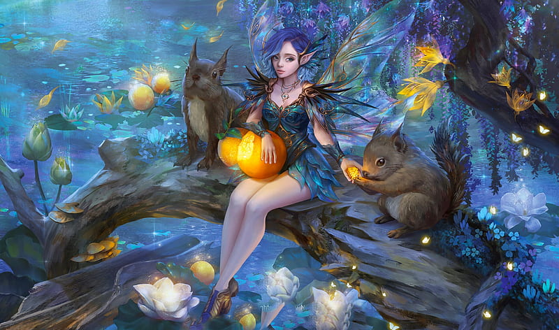 Halloween Fairy and Squirls, pumpkin, girl, woman, night, art, , fairy, halloween, digital, fantasy, squirls, lovely, HD wallpaper