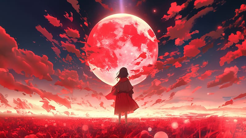 A world full of red, moon, anime, HD wallpaper