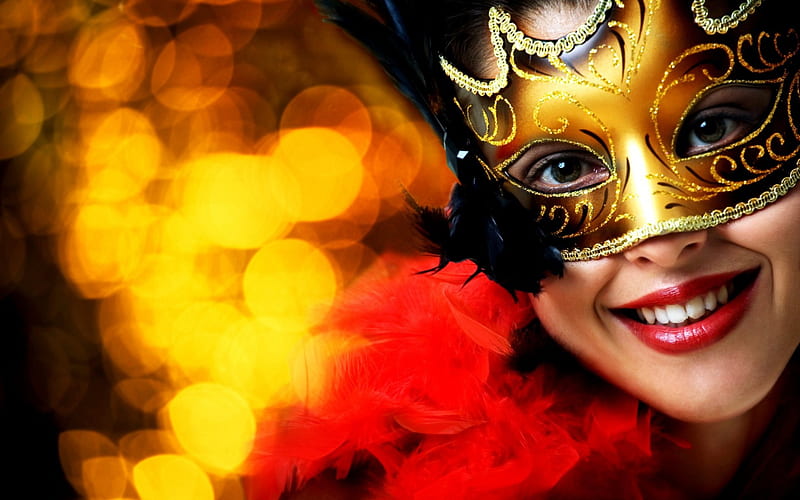 MASKED BEAUTY, mystery, girl, bright, smile, eyes, mask, feathers, HD wallpaper
