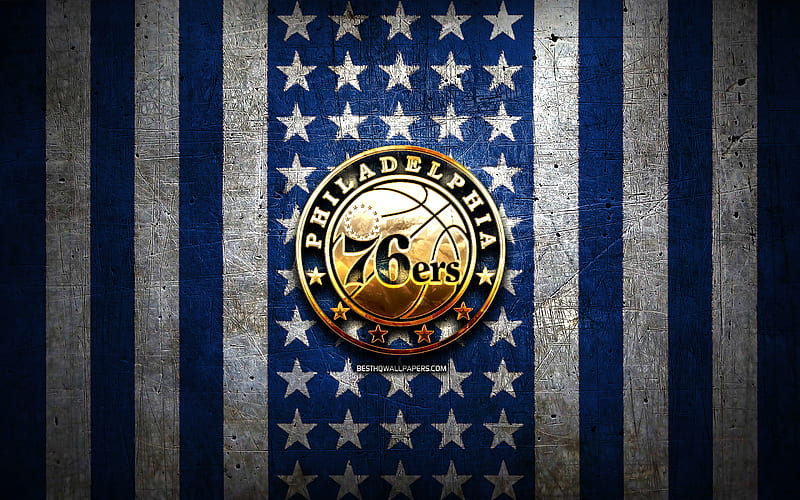 Philadelphia 76ers flag, NBA, blue white metal background, american basketball club, Philadelphia 76ers logo, USA, basketball, golden logo, Philadelphia 76ers, HD wallpaper