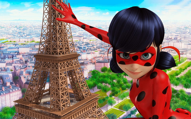 Ladybug girl, red, paris, black, comics, dot, fantasy, ladybug, girl, eiffel tower, mask, HD wallpaper