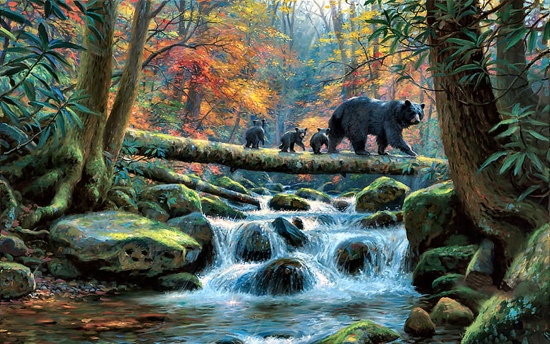Precarious Crossing - Bear F, art, bear, bonito, illustration, artwork, animal, water, painting, wide screen, wildlife, nature, river, cubs, HD wallpaper