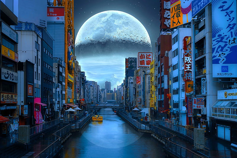 japan, osaka, river, giant moon, buildings, hop, edited, City, HD wallpaper