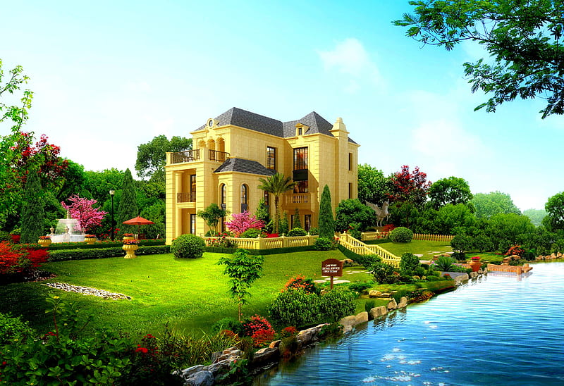 BEAUTIFUL HOUSE, garden, river, house, statue, HD wallpaper