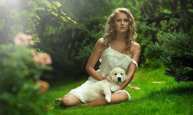 Pretty Girl, blonde, trees, woman, dog, HD wallpaper