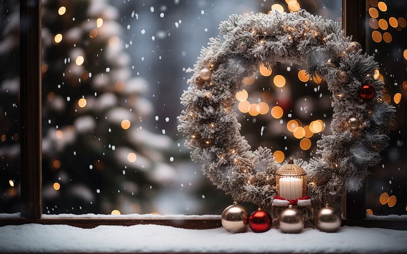 Advent Wreath, Advent, wreath, AI art, window, snow, spruce, balls, HD wallpaper