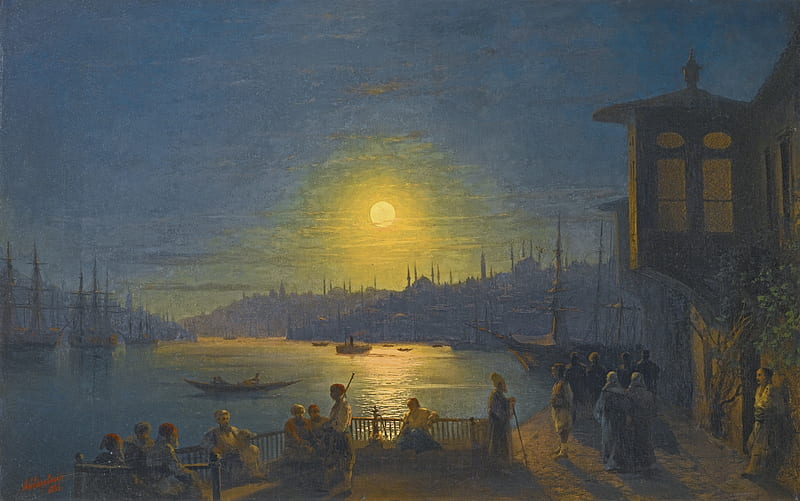 Sunset, water, people, painting, turkish, pictura, ivan konstantinovich aivazovsky, sea, HD wallpaper
