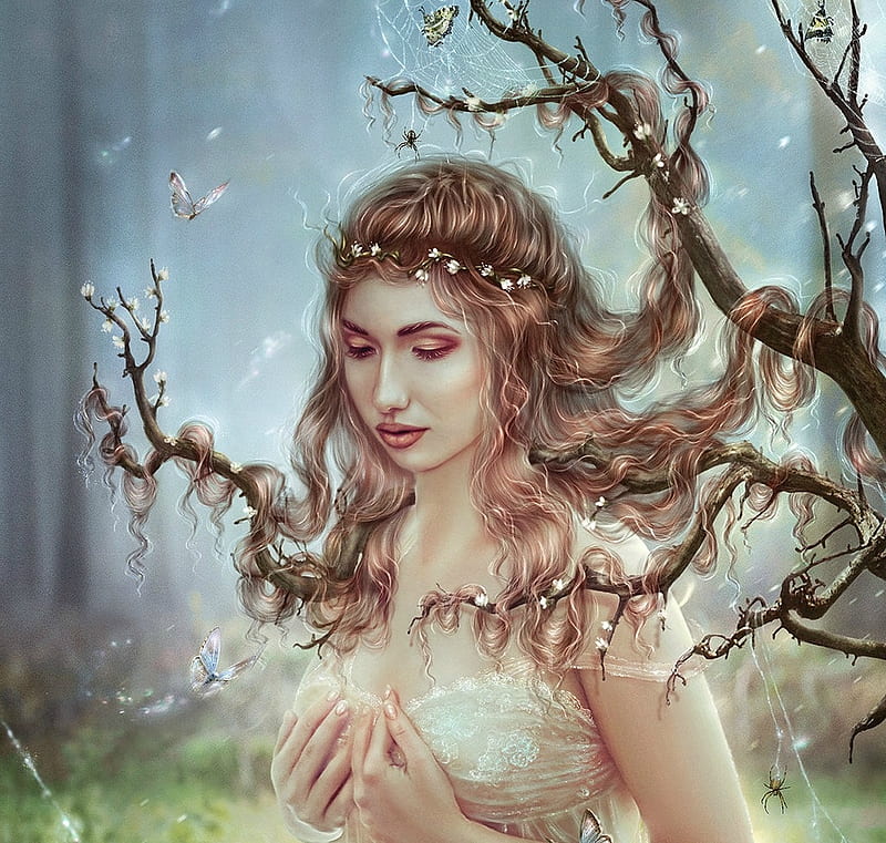 Moth, luminos, branch, fantasy, butterfly, girl, flower, tatyanache ...