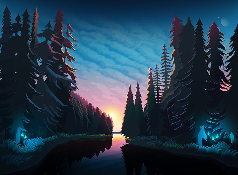 river, forest, sunset, landscape, art, HD wallpaper