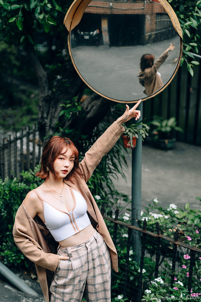 Asian, women, model, looking at viewer, necklace, parted lips, mirror, reflection, white tops, cleavage, pants, coats, portrait display, vertical, depth of field, outdoors, women outdoors, HD phone wallpaper