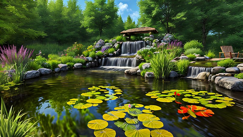 Pond in summer park, tranquility, plants, garden, gazebo, relax, park, serenity, lake, quiet, summer, rest, greenery, waterfall, lilies, pond, HD wallpaper