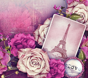 Eiffel Tower, blue, cherry blossom, dreams, flowers, pink, vintage ...