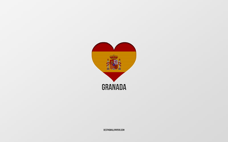 I Love Granada, Spanish cities, gray background, Spanish flag heart, Granada, Spain, favorite cities, Love Granada, HD wallpaper