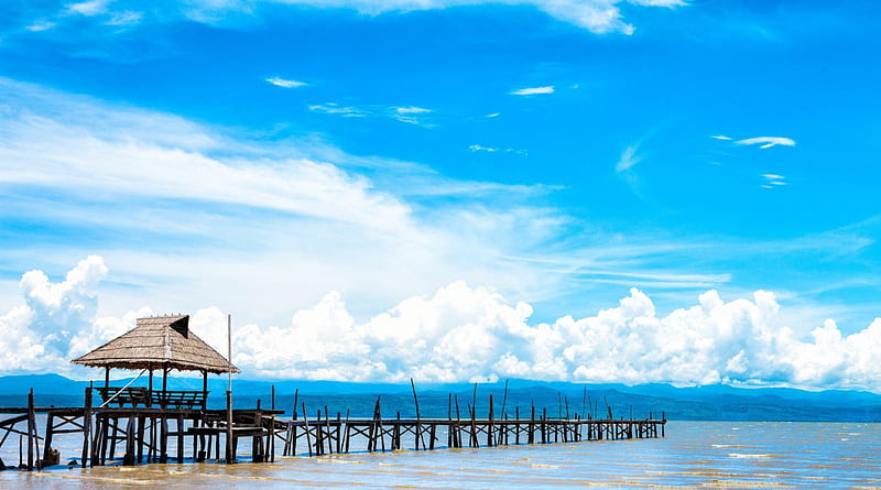 old pier on a bay in thailand, mountains, pier, clouds, arbor, bay, HD wallpaper