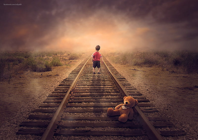 All Alone, boy, rail, teddy, bear, road, tracks, HD wallpaper