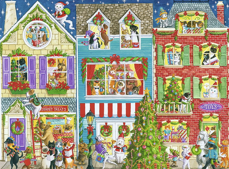 Christmas house, painting, cat, pictura, family, art, house, craciun,  christmas, HD wallpaper | Peakpx
