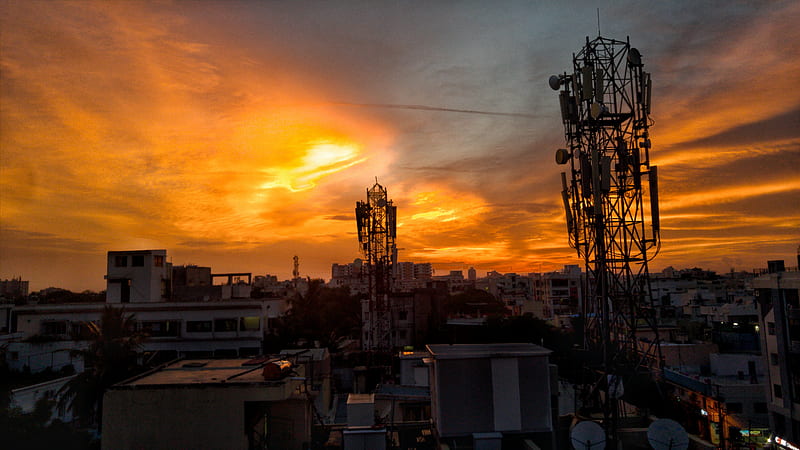 Sunset, city, hyderabad, india, lights, nature, skies, sky, tower, urban, HD wallpaper