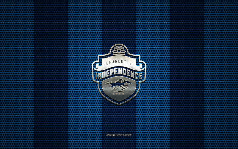 Charlotte Independence logo, American soccer club, metal emblem, blue metal mesh background, Charlotte Independence, USL, Charlotte, North Carolina, USA, soccer, HD wallpaper