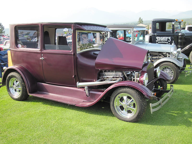 1927 Ford, Ford, grass, Chrome, black, silver, green, purple, tires, graphy, Engine, HD wallpaper