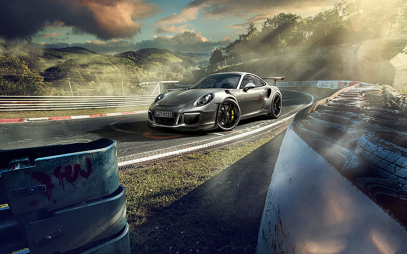 Porsche 911 GT3 RS, raceway, 2018 cars, gray 911, supercars, german cars, Porsche, HD wallpaper