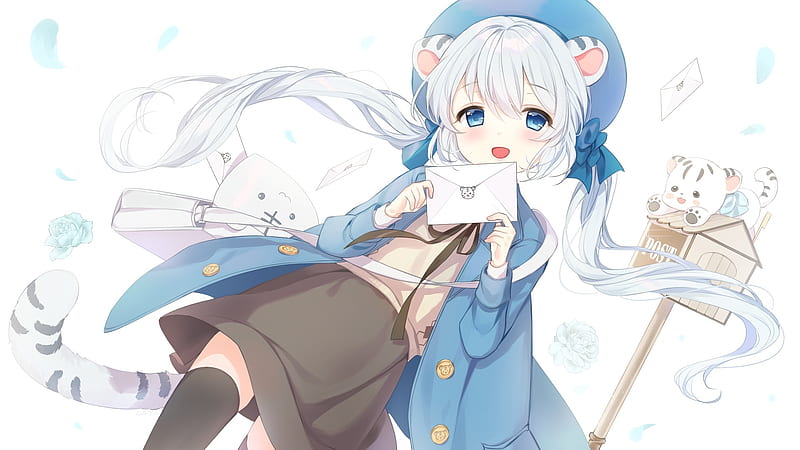 anime girl, white hair, smiling, envelope, animal ears, Anime, HD wallpaper