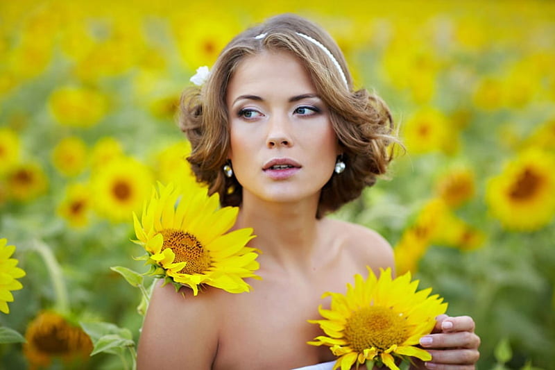 ლ, Sunflowers, Beauty, Woman, Sun, HD wallpaper
