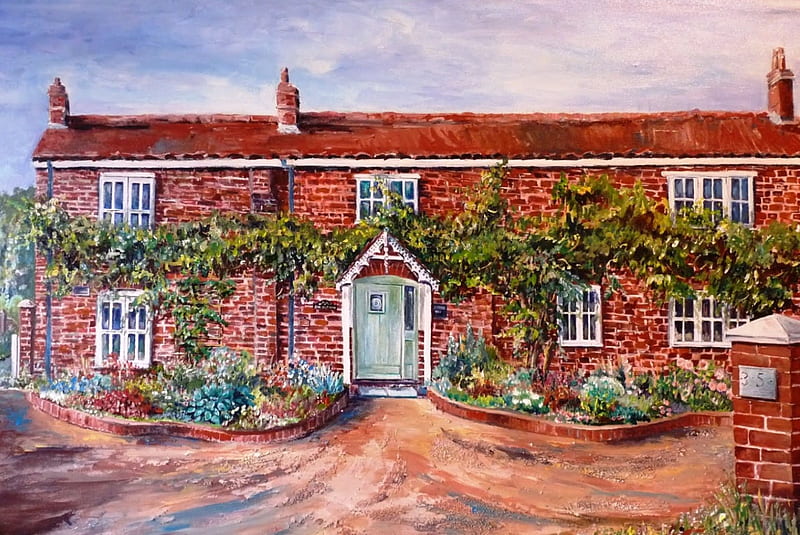 Finished Varnished Cottage, house, plants, painting, flowers, artwork, HD wallpaper